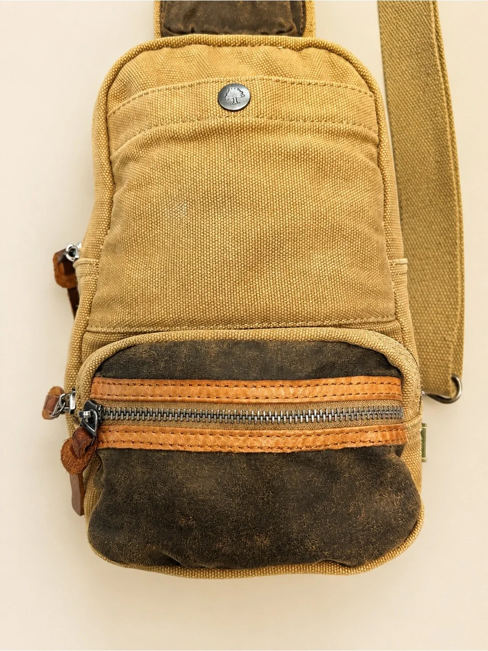 TSD Brand Tapa Canvas Sling Bag Khaki Brown Leather Crossbody